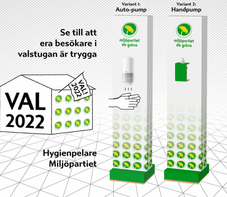 Miljöpartiet Handtvätt handsprit hygienpelare pandemi covid Åtta45 tryckeri print media