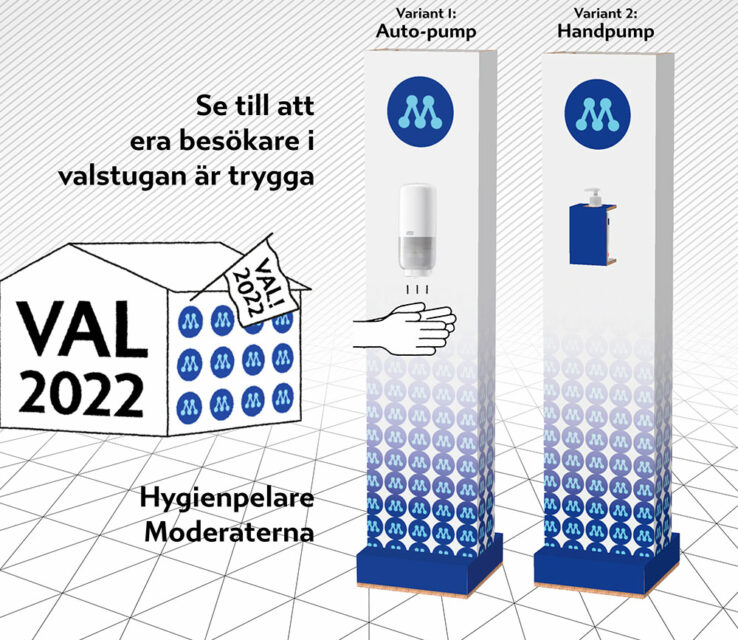 Moderaterna Handtvätt handsprit hygienpelare pandemi covid Åtta45 tryckeri print media