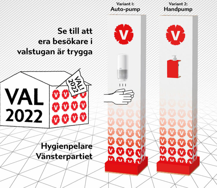 Vänsterpartiet Handtvätt handsprit hygienpelare pandemi covid Åtta45 tryckeri print media